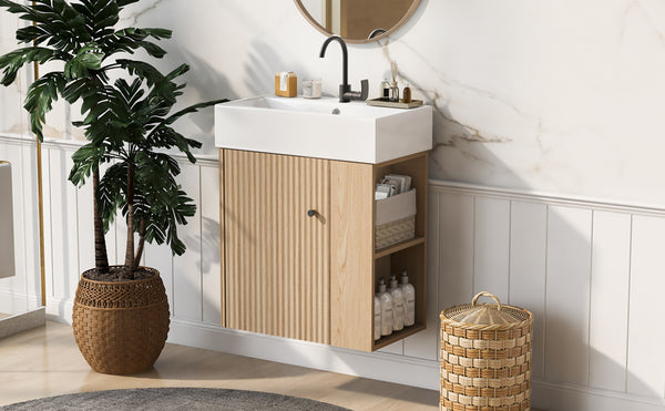 English Elm 21.6 inch Modern Floating Bathroom Vanity with Ceramic Basin, Wave Door, Rose Gold Handle Wood N729P170388D