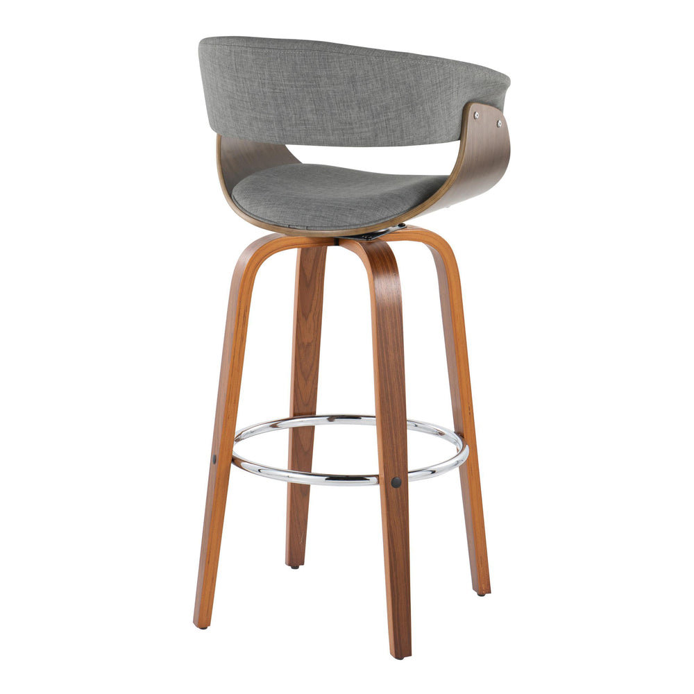 English Elm Vintage Mid-Century Barstool 30" Fixed-Height Swivel with Walnut Legs, Cushioned Backrest & Chrome Footrest Grey B202S00728