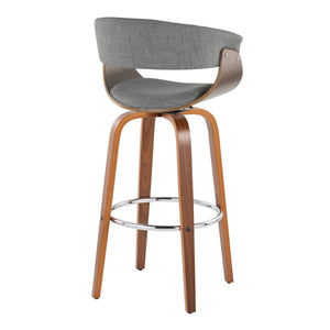 English Elm Vintage Mid-Century Barstool 30" Fixed-Height Swivel with Walnut Legs, Cushioned Backrest & Chrome Footrest Grey B202S00728