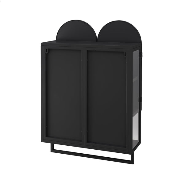 English Elm 23.62" Modern Double-Arched Mirror Cabinet with Tempered Glass, Metal Frame, Shelf & Towel Rack Storage Black W757P314586