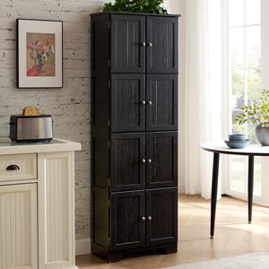 English Elm 72.4" Tall Storage Cabinet with 8 Doors and 4 Shelves, Oak Finish Large Freestanding Organizer for Home Black W2275P292651