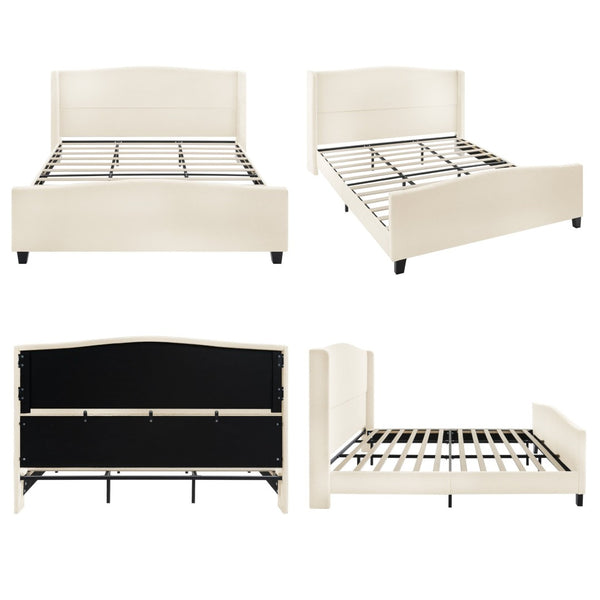 English Elm King Teddy Velvet Platform Bed Tall Upholstered Headboard Solid Wood Legs Modern W1716P335672