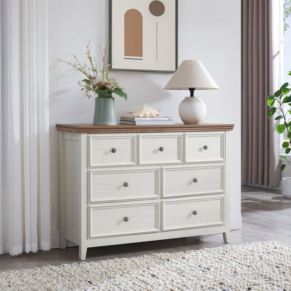 English Elm Modern 7 Drawers Cabinet with Smooth Glide Drawers, Metal Handles & Unique Feet—Slim Farmhouse Storage Tall Chest W2275P233489