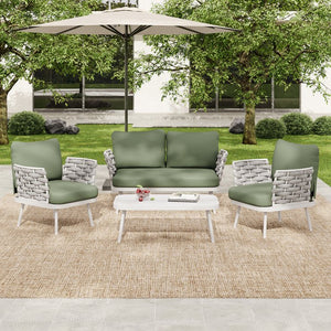 English Elm Christopher Knight Home® - Mariano Outdoor 4-Piece Conversation Set with Hand-Woven Rope, Water-Repellent Cushions, Durable Frame Green,Off White N773OC00028G