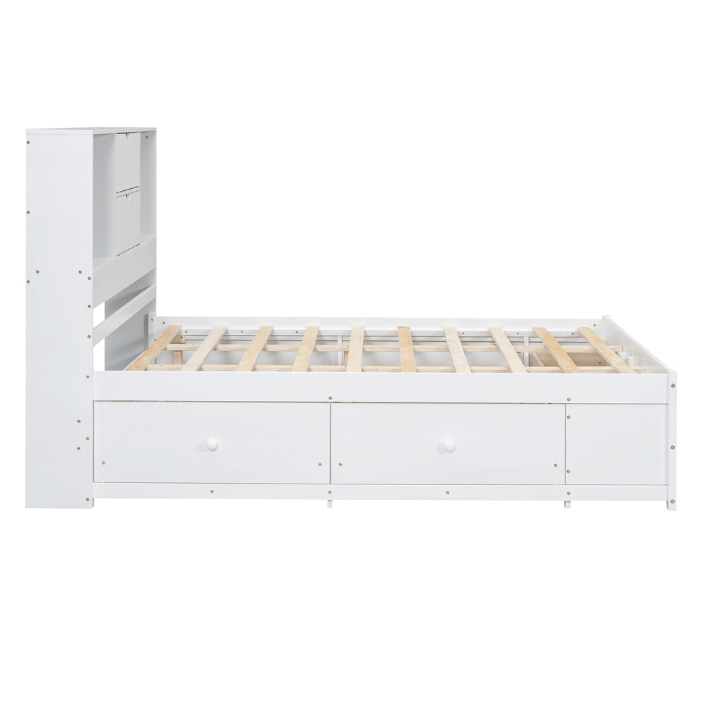 English Elm Queen Platform Bed with Built-In Headboard Storage and 8 Drawers, Solid Wood MDF, Sturdy Design White GX000453AAK