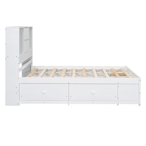 English Elm Queen Platform Bed with Built-In Headboard Storage and 8 Drawers, Solid Wood MDF, Sturdy Design White GX000453AAK