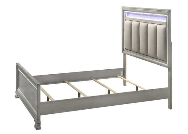 English Elm Modern Queen Size Panel Bed 3pc Set with Tufted LED Headboard, Soft Gray Wood Grain Nightstands, Elegant Storage B2741S00106