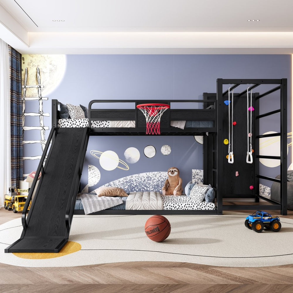 English Elm Twin Metal Loft Bed with Slide Basketball Hoop Climbing Wall and Built-in Shelves Black W1580S00342