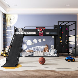 English Elm Twin Metal Loft Bed with Slide Basketball Hoop Climbing Wall and Built-in Shelves Black W1580S00342
