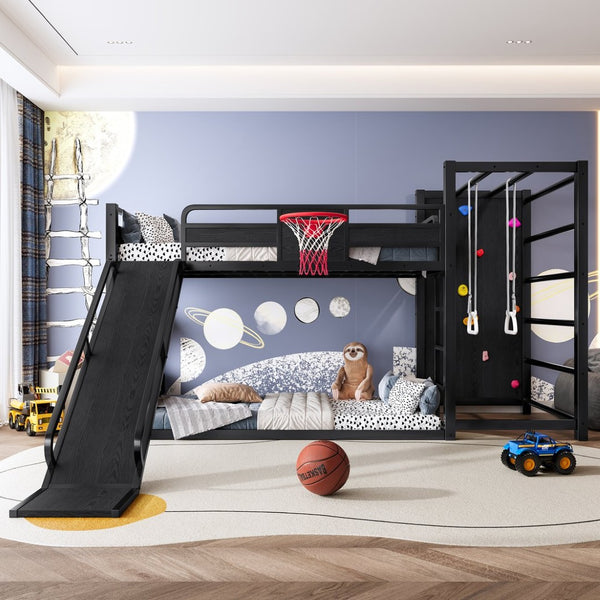 English Elm Twin Metal Loft Bed with Slide Basketball Hoop Climbing Wall and Built-in Shelves Black W1580S00342