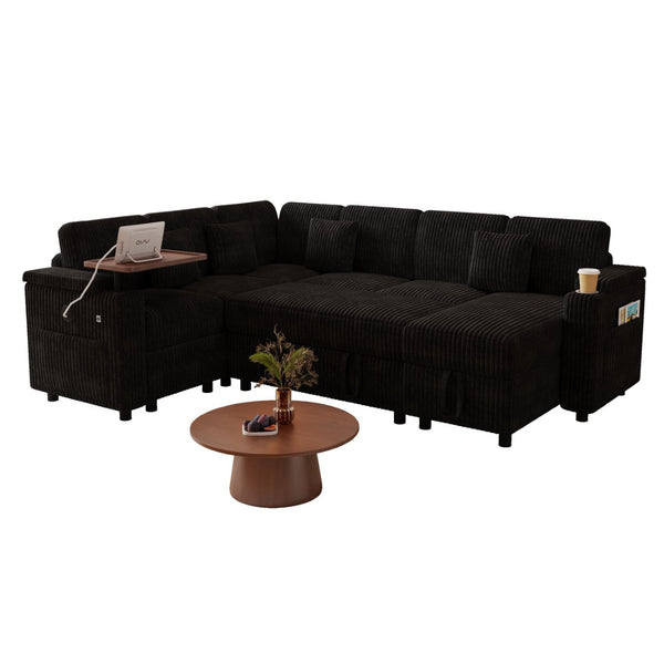 English Elm 100-inch Corduroy U-shaped Sectional Sleeper Sofa with Usb Port and Hidden Storage Black W2564S00136