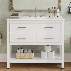 English Elm Christopher Knight Home® - 36" Modern Bathroom Vanity with Ceramic Sink, Tip-Out Tray, Soft-Close Drawers, Open Shelf, Waterproof Surface White N817P288908W