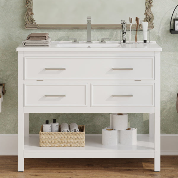 English Elm Christopher Knight Home® - 36" Modern Bathroom Vanity with Ceramic Sink, Tip-Out Tray, Soft-Close Drawers, Open Shelf, Waterproof Surface White N817P288908W