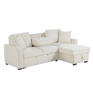 English Elm U_style Modular Sectional Sleeper Sofa with Storage Chaise and Cup Holders for Living Room Beige WY000467AAA