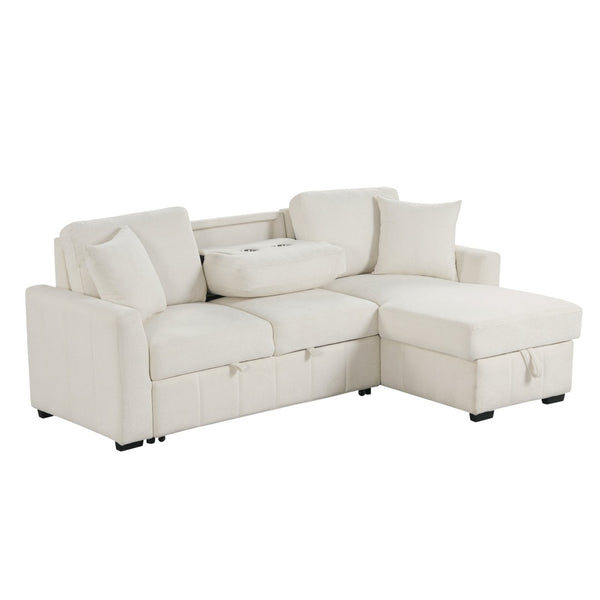 English Elm U_style Modular Sectional Sleeper Sofa with Storage Chaise and Cup Holders for Living Room Beige WY000467AAA