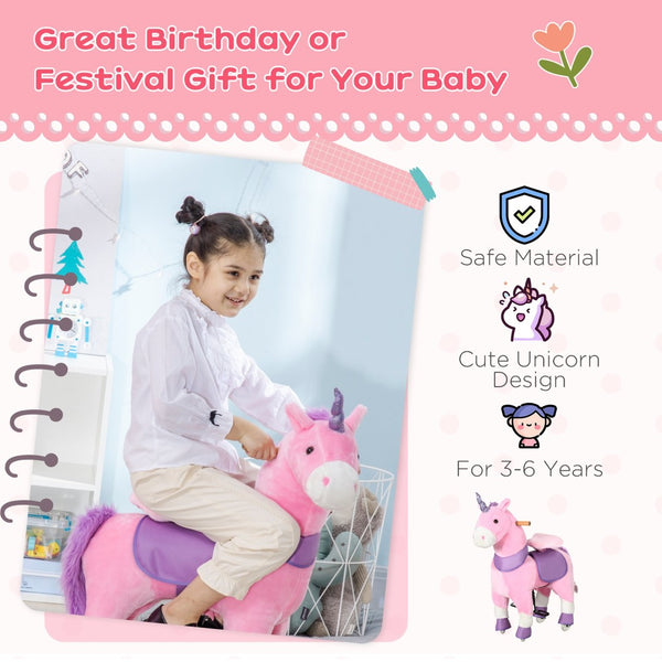 English Elm Qaba Plush Unicorn Ride on Toy with Pedal Wheels Steel Frame for Kids Ages 3 to 6 W2225P229645