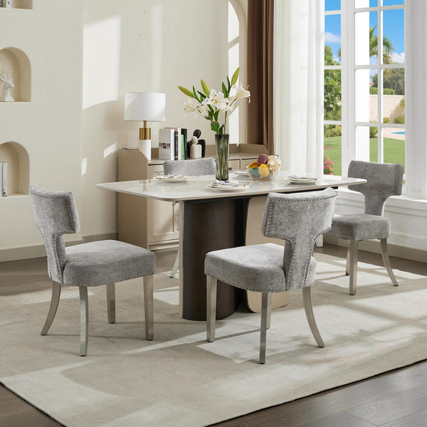 English Elm Mid Mid Century Modern Dining Chair Set with Curved Copper-Nail Backrest, High-Density Foam Seat, Brushed Stainless Legs Gray W1143P314900