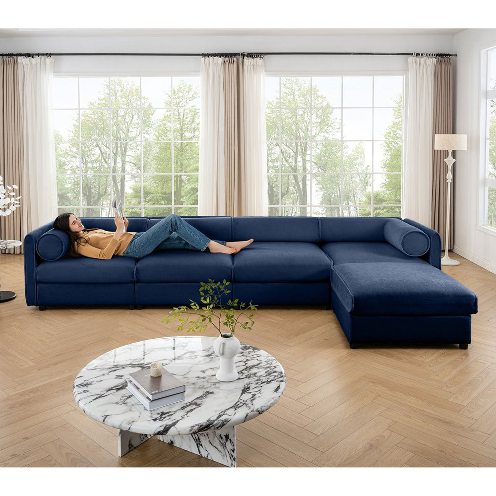 English Elm Modular 4-Seat Sectional Sofa With Ergonomic Backrests, Storage & Versatile Blue Design For Comfort W714S01053