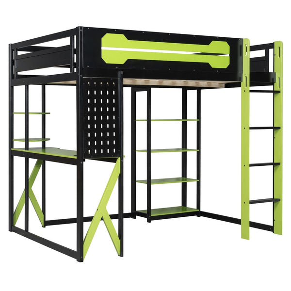 English Elm Full Size Loft Bed with Rgb Lighting Chevron Desk Usb Charging Ports and Storage Shelves Black+Green LT000286AAG