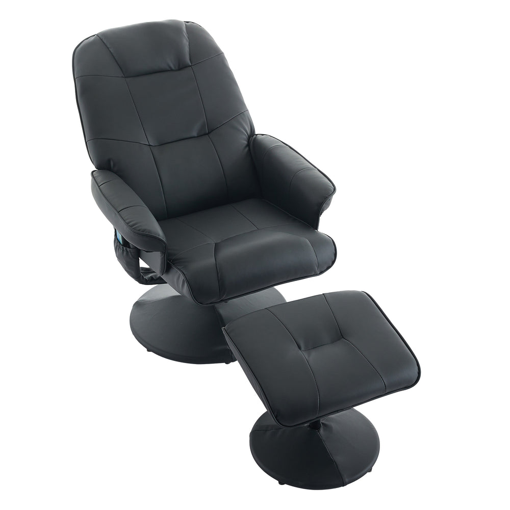 English Elm 011-Massage Recliner Chair with Ottoman, 360° Swivel PU Leather, 5-Point Vibration Massage, Heated Seat, 140° Backrest Comfort Black W2636P262429
