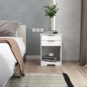 English Elm Nighstand White 2-Drawer Nightstand with Open Shelf, Gold Handles, Modern Compact End Table W3151P346294