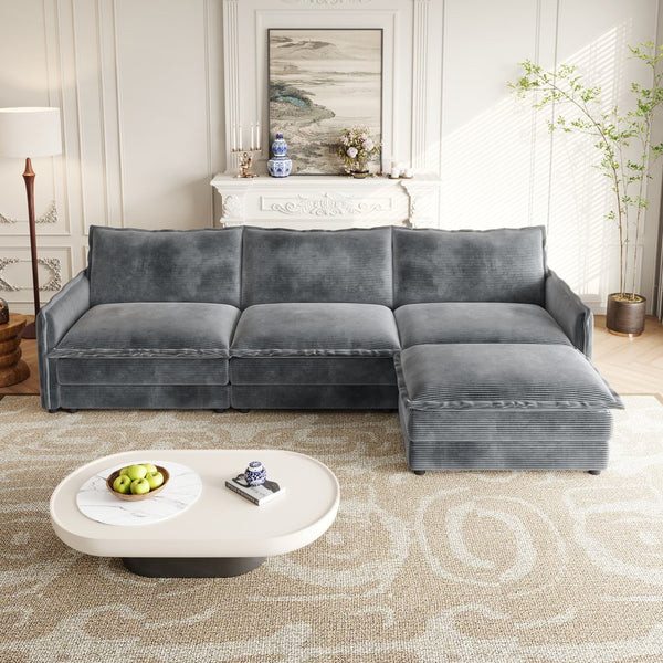 English Elm Corduroy 3-Seater Oversized L-Shaped Couch With Movable Footrest For Ultimate Comfort & Style W834S00431