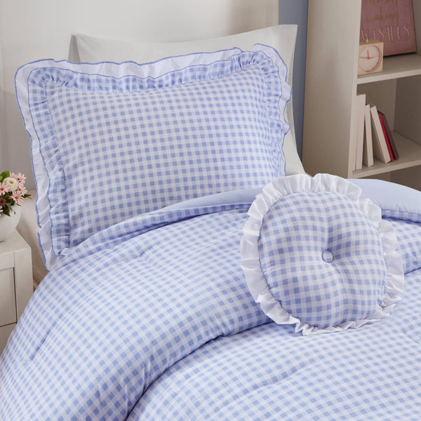 English Elm 3-piece Cottage Gingham Comforter Set with Ruffle Trim and Round Throw Pillow Blue B035P463185