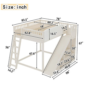 English Elm Queen Loft Bed with Upholstered Headboard Built-in Slide and Open Storage Shelves Beige W1580S00307