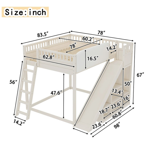 English Elm Queen Loft Bed with Upholstered Headboard Built-in Slide and Open Storage Shelves Beige W1580S00307