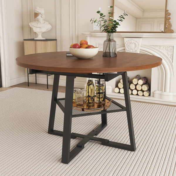 English Elm 47 Inch Extendable Round Dining Table Walnut Finish Seats 8 with Wire Grid Shelf W2700P385520