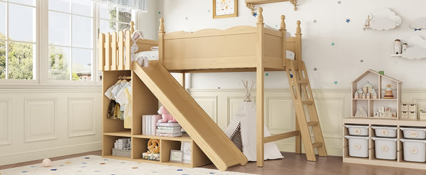 English Elm Twin Loft Bed Solid Pine Frame with Wardrobe Shelving Detachable Slide Kids Room Natural W5305S00017