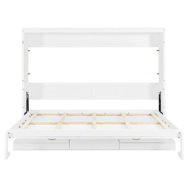 English Elm Queen Murphy Bed Cabinet with Vanity Desk Hydraulic Lift Mirror Distressed Finish White LP000766AAK-1