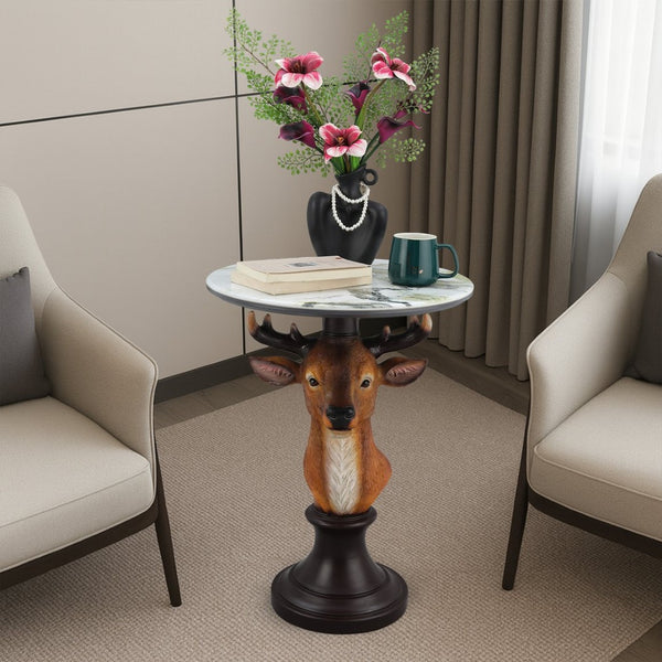English Elm Horse Head Sculpted Resin End Table with Faux Marble Top for Bold Living Rooms W5398P454677