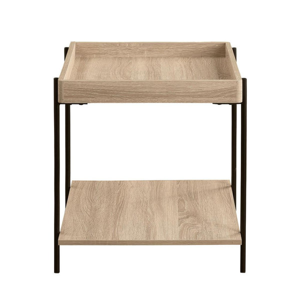English Elm Rectangular End Table With Tray-Style Top And Full Shelf - Light Brown Wood & Metal Accent Design B016P379416-GIGA
