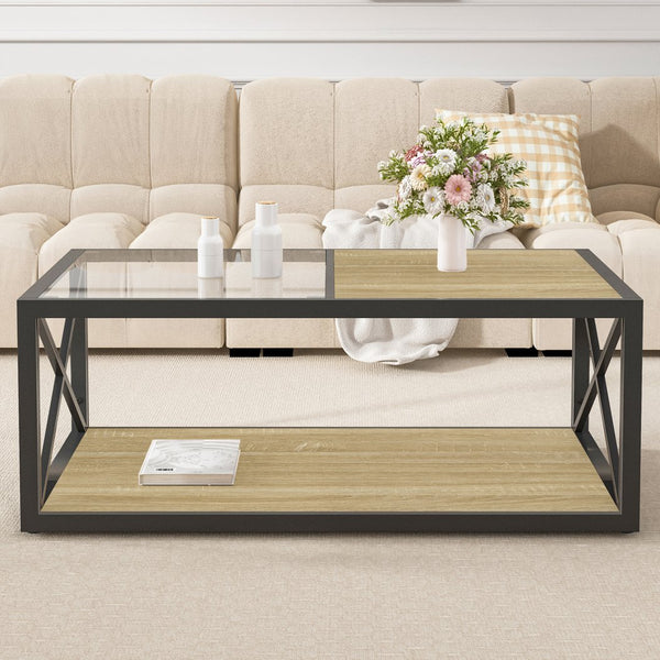 English Elm Modern coffee table with tempered glass and MDF top, industrial X-frame design, sturdy metal frame, ample storage and easy-clean surfaces for living room seating areas Natural Wood W241P246907