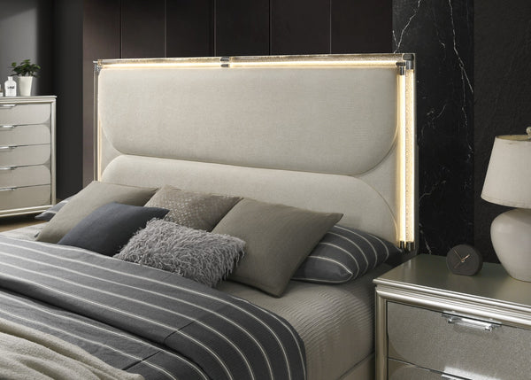 English Elm Glamorous Luxury Fabric Upholstered Queen Bed with LED Headboard, Embossed Panels & 2 Nightstands Set Silver 33 L x 21 W x 28 H B2741S00359