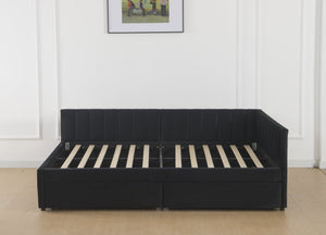 English Elm Full Velvet Daybed with Storage Drawers, L-Shape Upholstered Corner Frame, Black, No Box Spring Needed W1670S00025