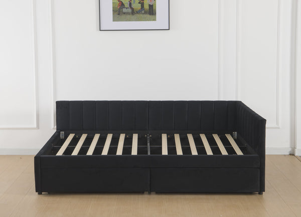 English Elm Full Velvet Daybed with Storage Drawers, L-Shape Upholstered Corner Frame, Black, No Box Spring Needed W1670S00025