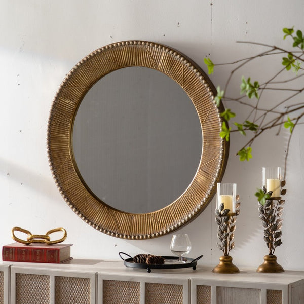 English Elm 31.3" Gold Iron Round Mirror Ribbed Texture Rivets Bohemian Accent for Bedroom W3158P407140