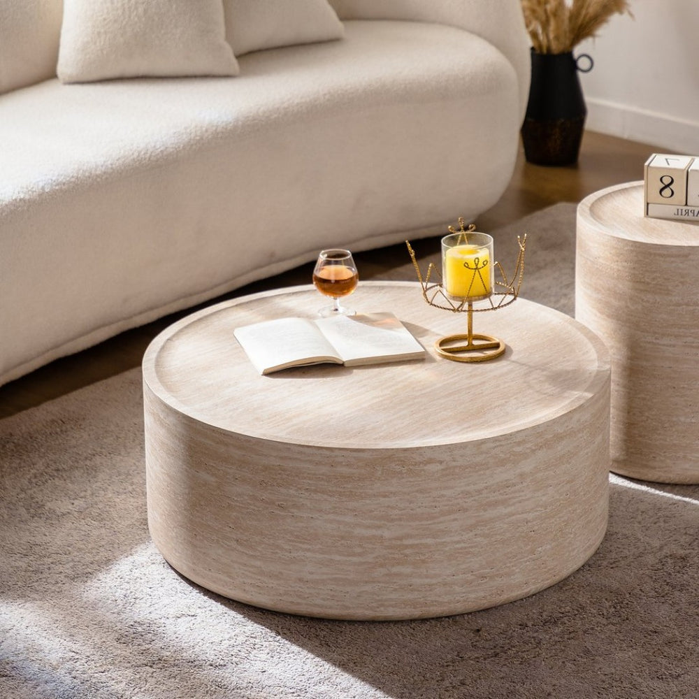 English Elm 31.5'' Round Drum Coffee Table with Amber Mars Texture for Modern Living Rooms W3081P394278