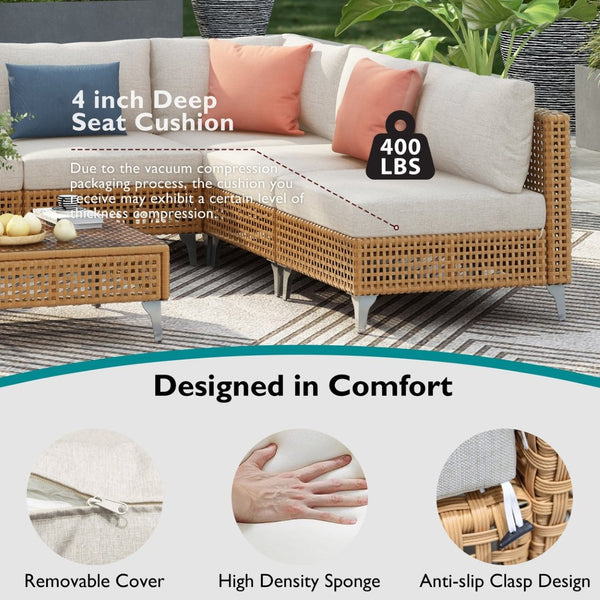 English Elm K&k 7 Piece Outdoor Modular Sectional Wicker Sofa Set with Tempered Glass Coffee Table Beige,Orange N707S000011Z