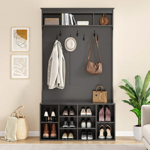 English Elm 70.9 Inch Freestanding Hall Tree with Bench Shoe Cubbies and 7 Hooks for Entryway Black T3623P434557