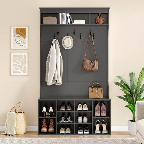 English Elm 70.9 Inch Freestanding Hall Tree with Bench Shoe Cubbies and 7 Hooks for Entryway Black T3623P434557