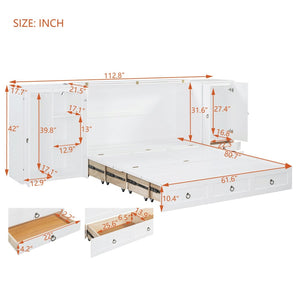 English Elm Queen Murphy Bed with Wardrobe Cabinets Built-in Usb Charging and Concealed Drawers White LP000590AAK