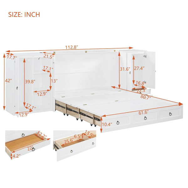 English Elm Queen Murphy Bed with Wardrobe Cabinets Built-in Usb Charging and Concealed Drawers White LP000590AAK