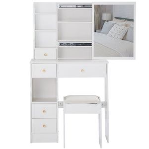 English Elm 29.2" Stylish Compact Vanity Table With Cushioned Stool & Sliding Mirror - High-Capacity Storage Design W936P202270