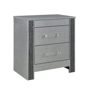 English Elm Lorenzo Silver Nightstand with Hidden Jewelry Compartment, Glitter Finish, Acrylic Handles, Spacious Drawers B201P298429