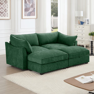 English Elm 2 Seater Sofa With Movable Ottomans & Hidden Storage Drawers, Elegant Chenille Green Design W3041S00184