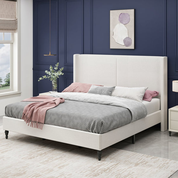 English Elm King Upholstered Bed Frame with Tall Bouclé Headboard, Solid Wood Feet, 12-Slat Support, 1000lb Capacity White 81.3 L x 31.5 W x 8.27 H W1716P335678