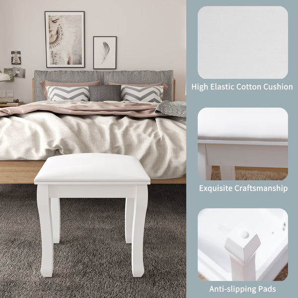English Elm Vanity White Makeup Stool with Cushion and Solid Wood Legs, Anti-Slip Pads, Comfortable PU Seat W3128P281249